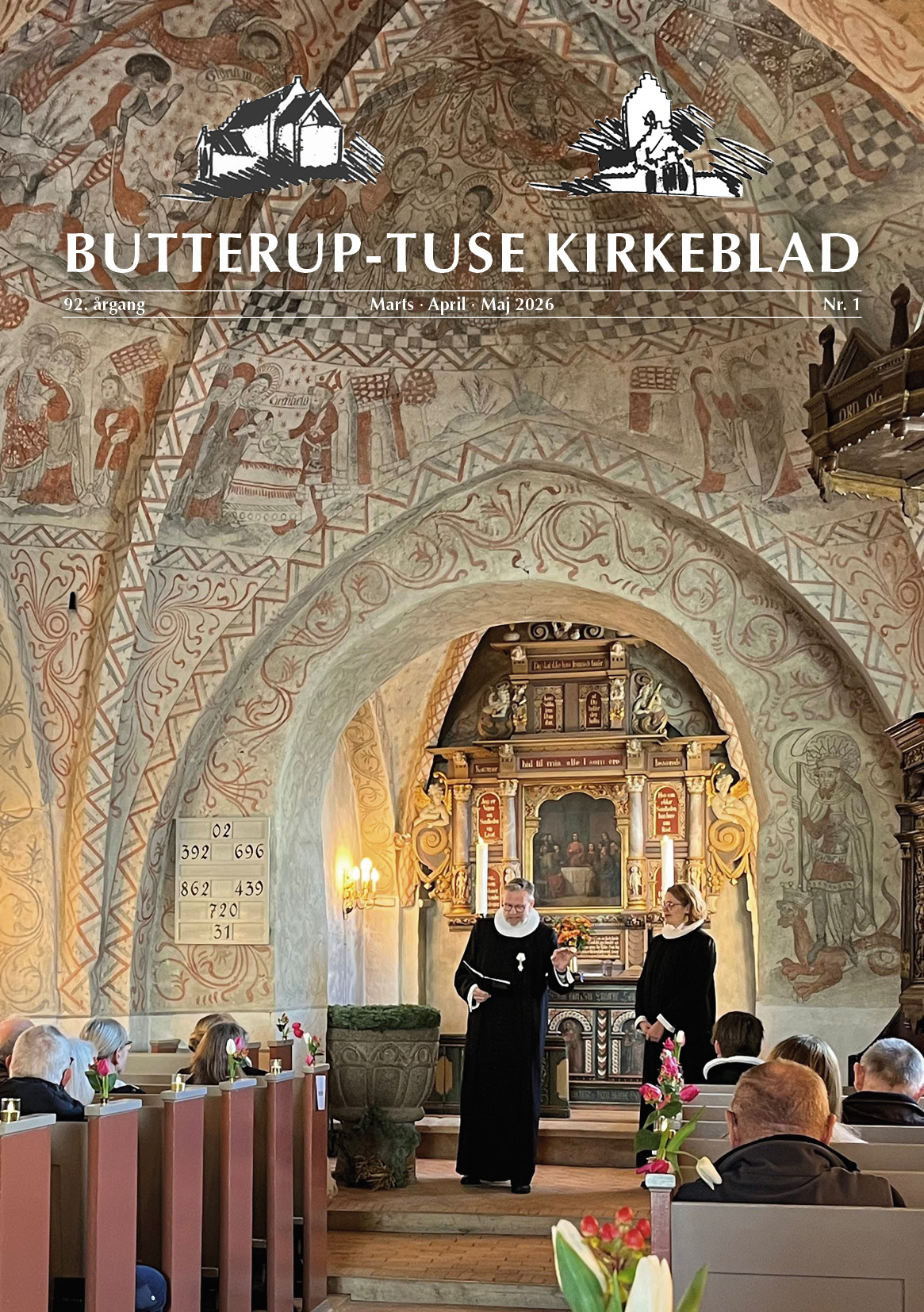 Forsiden af Butterup-Tuse Kirkeblad med billede af Tuse Kirke