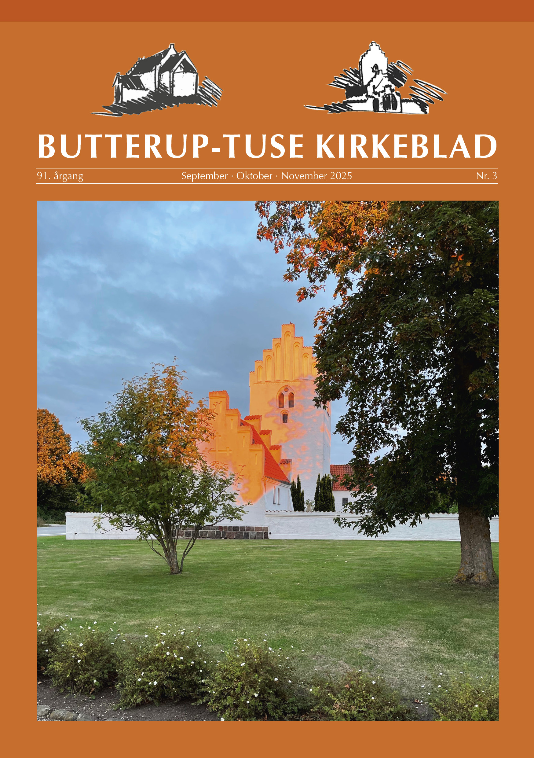 Forsiden af Butterup-Tuse Kirkeblad med billede af Tuse Kirke